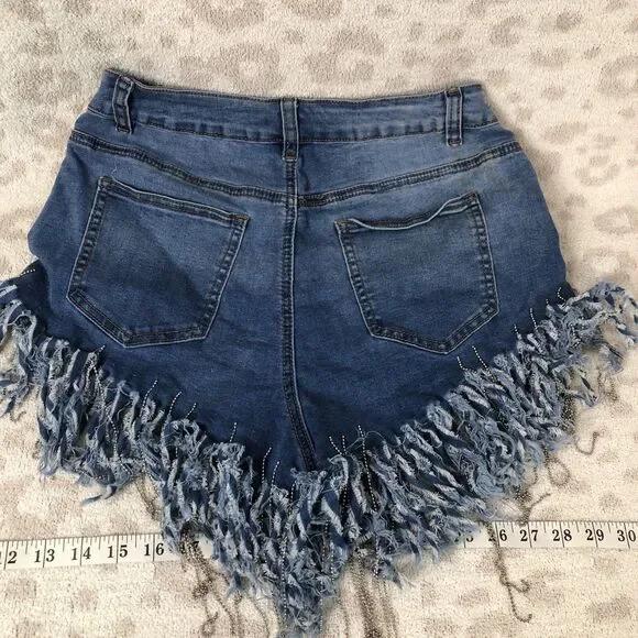 American Bazi jean shorts women’s large blue denim raw edge chain medium wash - Picture 2 of 7
